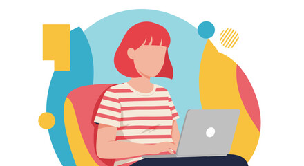 A young woman with red hair sits comfortably using a laptop computer against a vibrant, abstract, colorful background.