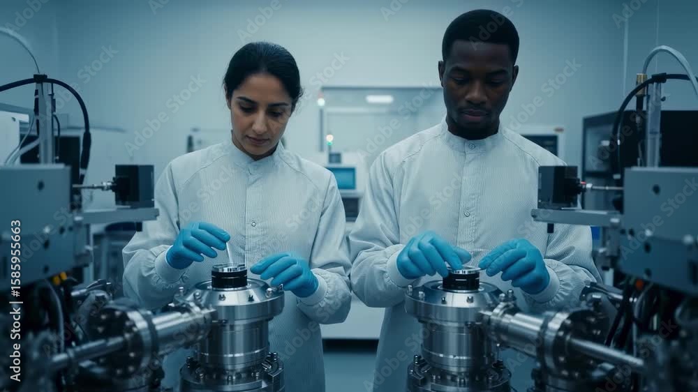 Poster two scientists in lab coats and gloves are carefully manipulating components of a sophisticated mach