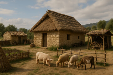 Fototapeta premium Rural Farm with Pigs Outside Thatched Cottage