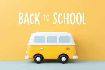 A "Back to School" concept with a cute, retro-style yellow toy van. A clean, minimalist 3D render on a colorful background, perfect for modern educational and promotional banners.