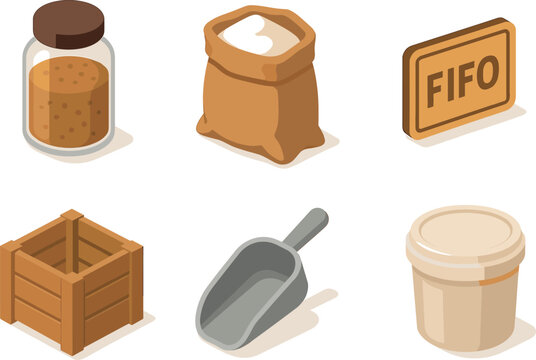 Logistics and storage icons: jar, bag, fifo sign, crate, scoop, container