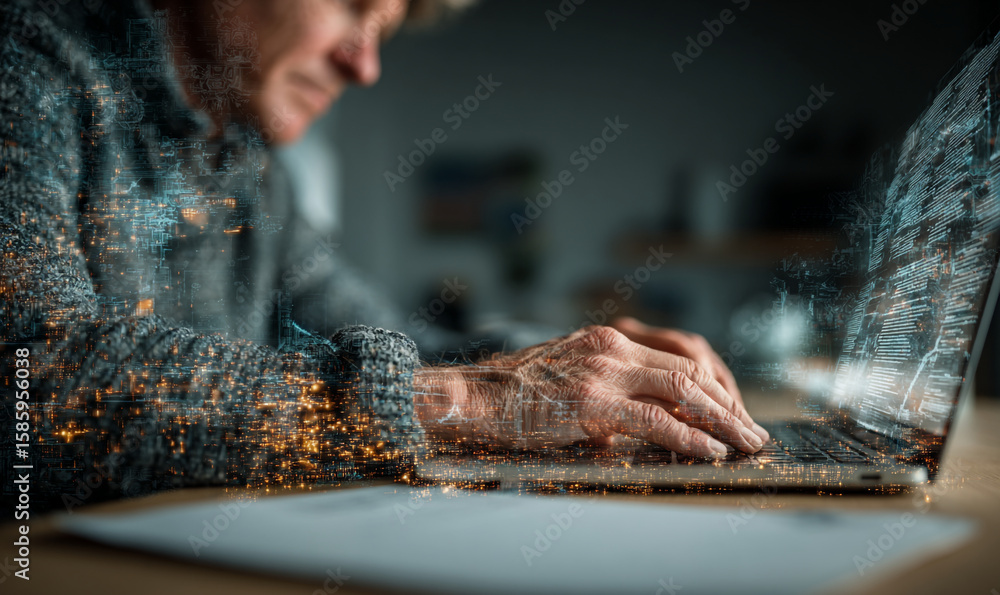 Poster person typing on laptop with digital overlay showing data and code