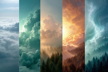 A series of four different pictures of clouds and trees in the sky