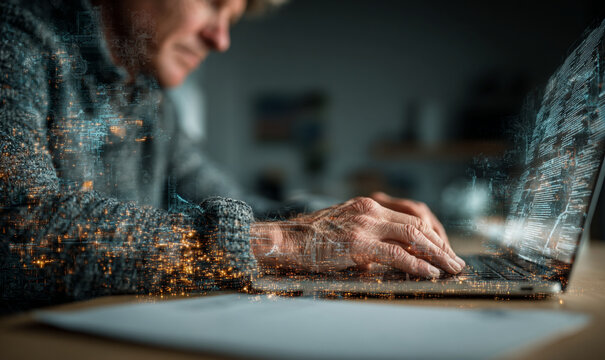 Person typing on laptop with digital overlay showing data and code