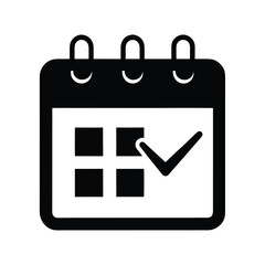 Silhouette of calendar with marked date and checkbox representing task done on white background