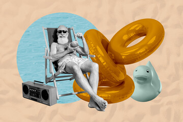 3d image sketch artwork collage of happy old man lay longer hold coconut cocktail duck lifebuoy...