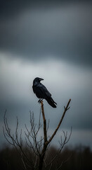 A solitary raven perched on a bare tree branch, with a grey, ominous autumn sky in the background. The image conveys a sense of foreboding and dark melancholy.
