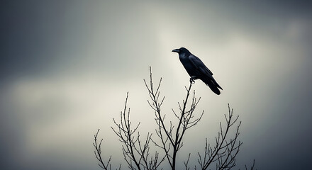 A solitary raven perched on a bare tree branch, with a grey, ominous autumn sky in the background. The image conveys a sense of foreboding and dark melancholy.