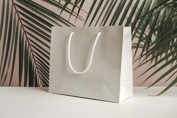 A Cardboard Shopping Bag Packaging Mockup on White Minimal Palm Background