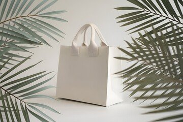 A Cardboard Shopping Bag Packaging Mockup on White Minimal Palm Background