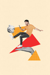 Trend pop collage of person flying above hand holding with crumpled paper