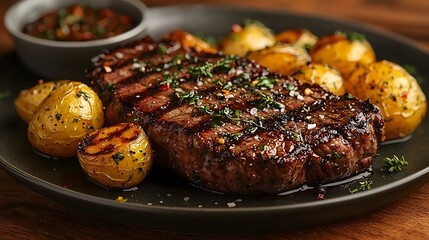 Charcoal grilled steak with golden roasted potatoes