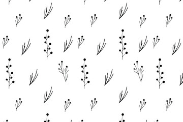Scatter seamless pattern with various types of leaves in black color on a transparent background. Botanical repeat background for wrapping or textile