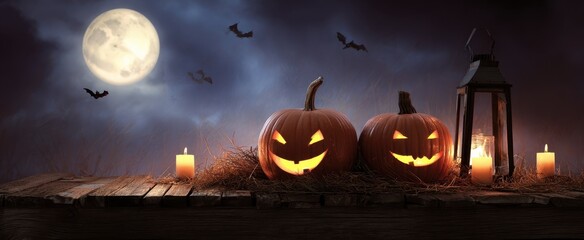 Fototapeta premium The glowing pumpkins illuminate the Halloween night under the full moon.