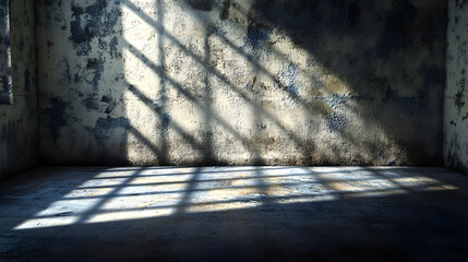 Dark abandoned room with light and shadows from window bars, grunge texture, and decay
