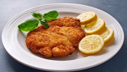 delicious wiener schnitzel with lemon slices and fresh basil served on white plate ideal dish for a traditional meal or special occasion