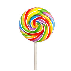 A vibrant rainbow swirl lollipop on a white stick against a black background.  The candy is glossy and shows detailed, layered coloring