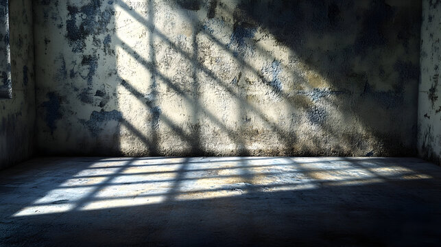 Dark abandoned room with light and shadows from window bars, grunge texture, and decay