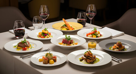 Lavish dining table with colorful gourmet dishes beautifully plated in an elegant restaurant setting – appetizing and refined food photography perfect for luxury dining, hospitality, and culinary them