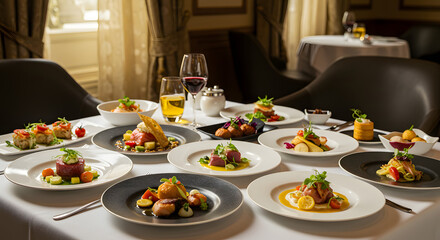 Lavish dining table with colorful gourmet dishes beautifully plated in an elegant restaurant setting – appetizing and refined food photography perfect for luxury dining, hospitality, and culinary them