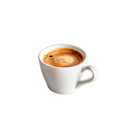 A small, white espresso cup filled with dark, rich espresso, displaying a thin layer of crema on top
