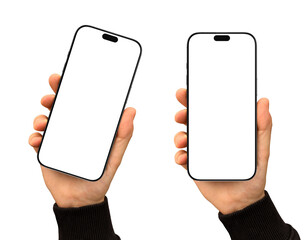 Smartphone blank screen in hand, wearing a sleeve. Set of two mobile phone mockups