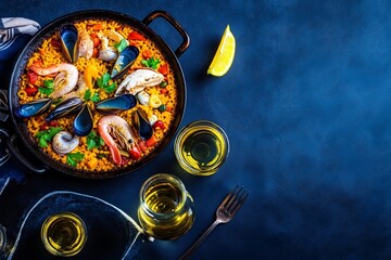 Naklejka premium A pan of seafood paella with a glass of wine and a fork