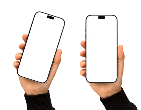 Smartphone blank screen in hand, wearing a sleeve. Set of two mobile phone mockups