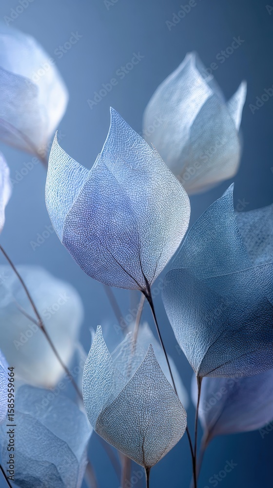 Aufkleber delicate translucent leaves with fine vein patterns glow softly against a cool blue background, crea