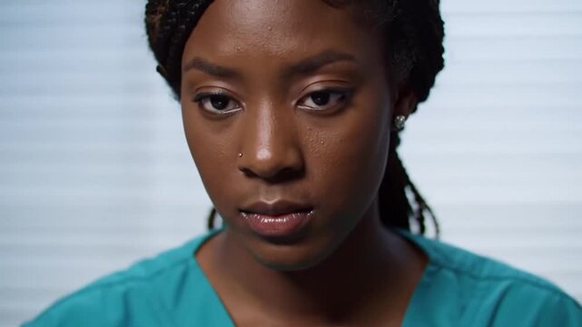Close up of a person wearing a teal scrub top with an id badge and a retractable badge reel