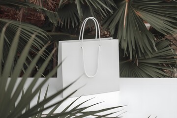 A Cardboard Shopping Bag Packaging Mockup on White Minimal Palm Background
