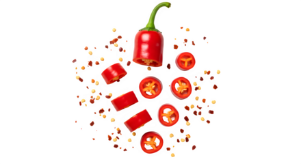 Fresh red chili pepper with slices and seeds floating in the air isolated on transparent background