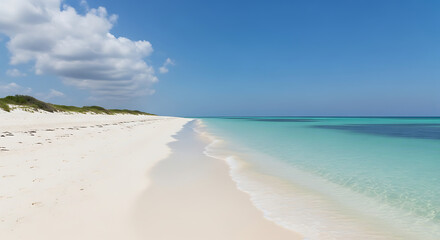 A pristine, white sand beach stretching into the distance, with calm, turquoise water gently lapping the shore. The sky is a clear, bright blue, and a few fluffy white clouds are scattered above. The 