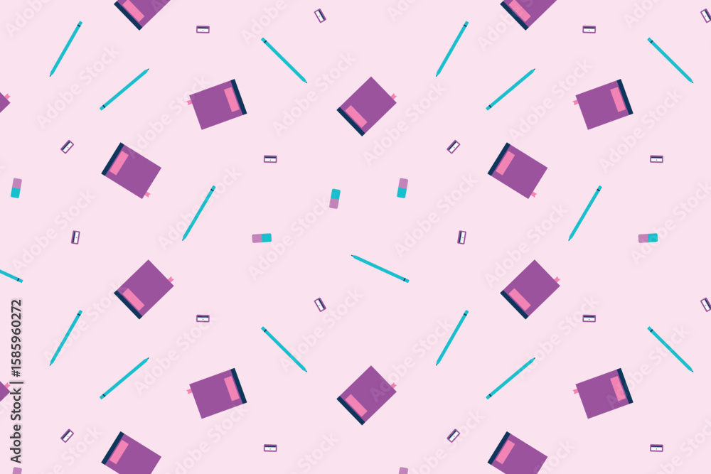 Aufkleber scatter seamless pattern with book, pencil, eraser and manual pencil sharpener. stationery repeat ba
