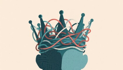 Symbolic psychology of narcissistic ego. Abstract illustration of two heads with intertwined lines forming a crown, symbolizing complex thoughts or shared mental connections.