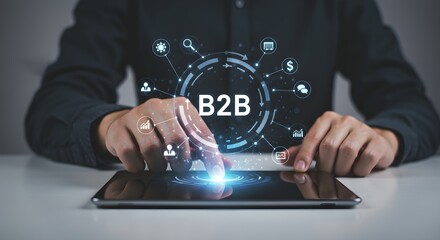 Business person interacts with B2B technology on a tablet device isolated on transparent background