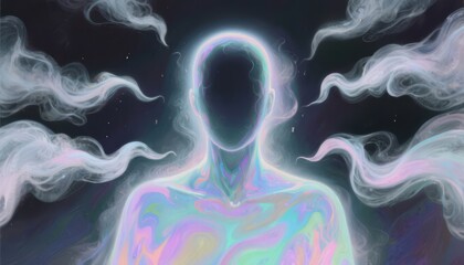 Symbolic psychology of narcissistic ego. Ethereal human figure glowing with pastel colors, surrounded by swirling mist and cosmic energy in a dark, mystical environment.