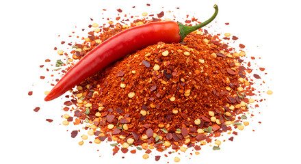 Red chili pepper rests atop a pile of crushed chili flakes and seeds isolated on transparent background