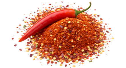 Red chili pepper rests atop a pile of crushed chili flakes and seeds isolated on transparent background