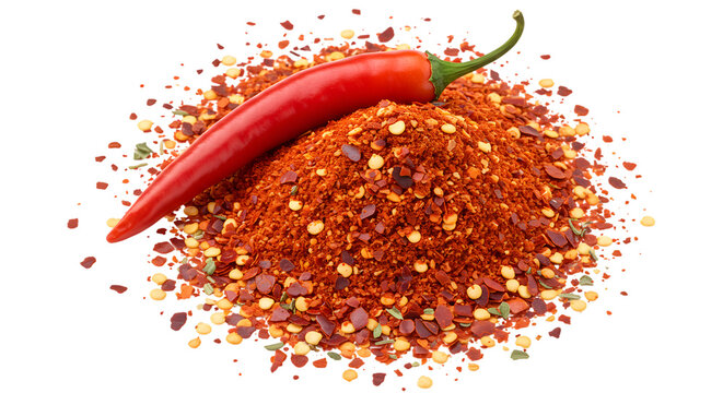 Red chili pepper rests atop a pile of crushed chili flakes and seeds isolated on transparent background