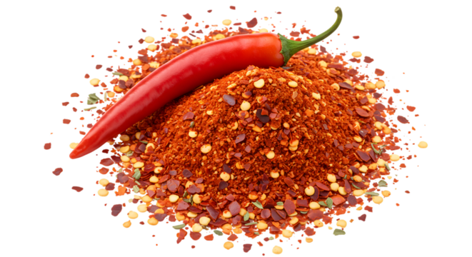 Red chili pepper rests atop a pile of crushed chili flakes and seeds isolated on transparent background