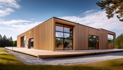 modular prefab school building featuring timber structure minimalist scandinavian style photorealistic