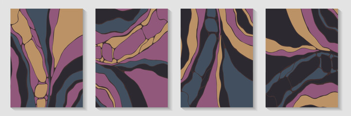 Fluid acrylic pattern background design collection. Trendy covers. Flow splash book front page layouts. Abstract wallpaper prints. Futuristic kintsugi psychedelic backgrounds.