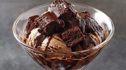 Brownie batter ice cream with brownie chunks and fudge sauce in a glass bowl