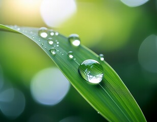 close up of water droplet on green leaf with soft background focus