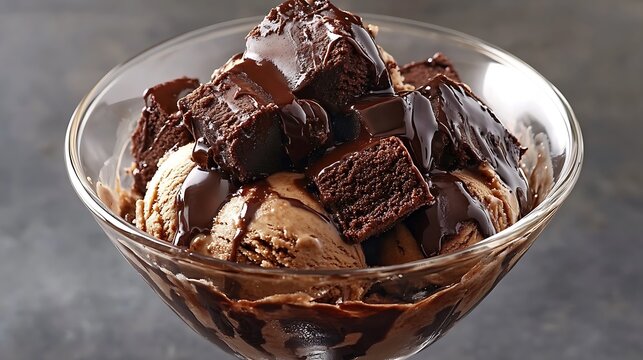 Brownie batter ice cream with brownie chunks and fudge sauce in a glass bowl