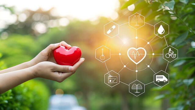 Hands holding a red heart with a network of health and lifestyle icons
