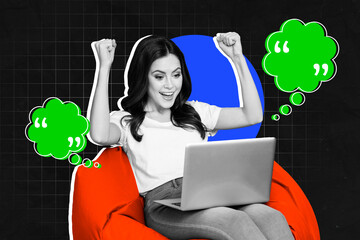 Image full pop trend collage of excited girl sit beanbag type laptop message colorful cloud...