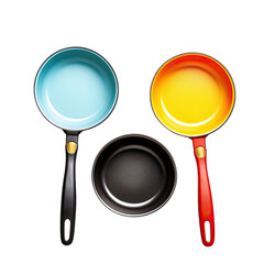Three small, colorful frying pans with short, black handles; one teal, one yellow, one black; viewed from above on a black background