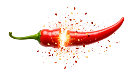 Sliced red chili pepper with a burst of flavor and spice explosion isolated on transparent background